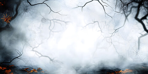 Scary spider webs are framing a foggy background in this halloween themed banner