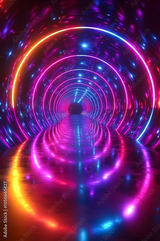 Poster a vibrant and futuristic tunnel illuminated with colorful neon lights, creating a mesmerizing effect
