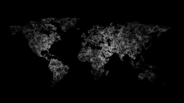 Plexus world map on black background. 3D amination