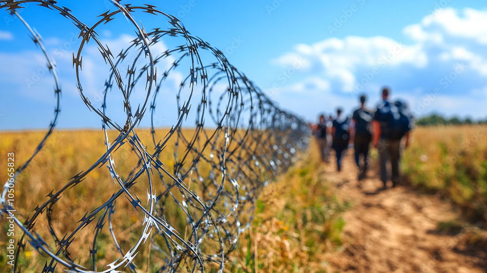 Wall mural barbed wire fence, symbolizing boundaries and protection, with a blurred group of people in the background, evoking themes of division, security, and vulnerability