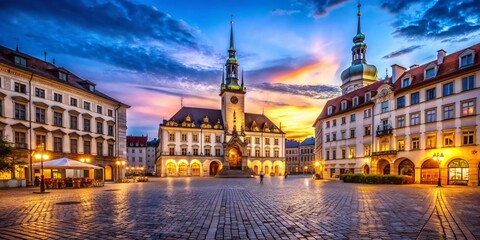 Fototapeta premium Low Light Photography of Brno's Old Town Hall - Historical Brno Center Monument at Night