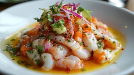 A close-up of a shrimp ceviche dish with red onion, cilantro, avocado, and a citrus dressing on a white plate.