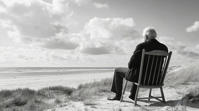 Elderly man reflecting on the ocean while seated in a weathered chair on a deserted beach - Powered by Adobe