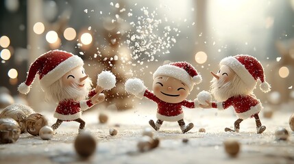 A group of mischievous elves caught in a snowball fight, while Santa, slightly irritated, watches from a distance with crossed arms