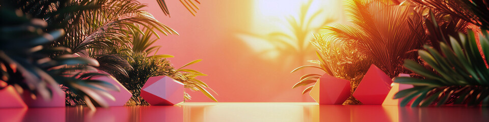 A tropical scene with palm trees and a pink background