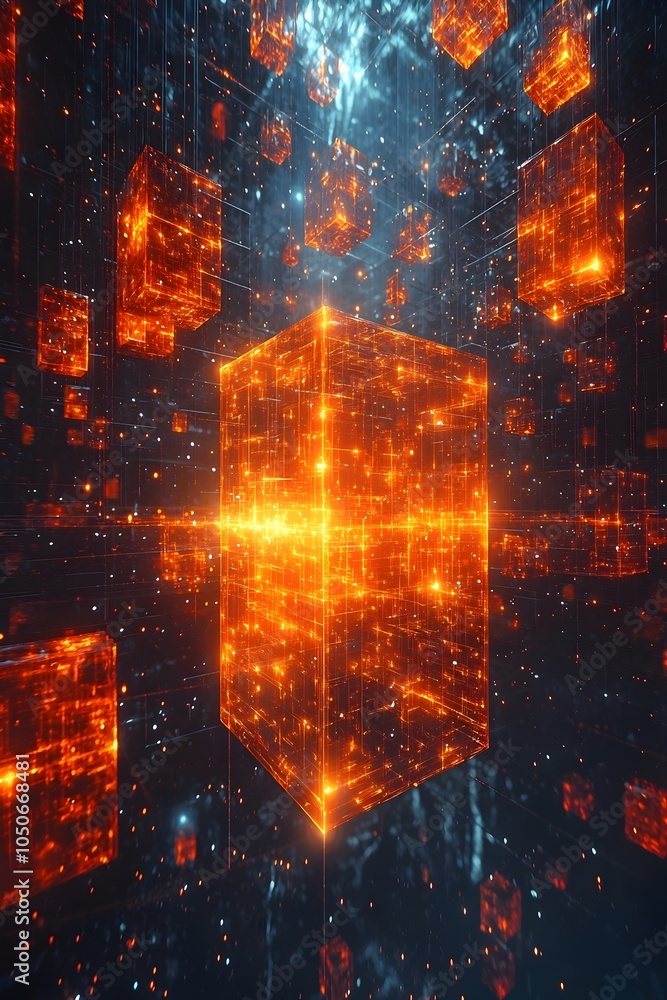 Poster a mesmerizing digital landscape featuring glowing orange cubes suspended in a vast, dark space, illu