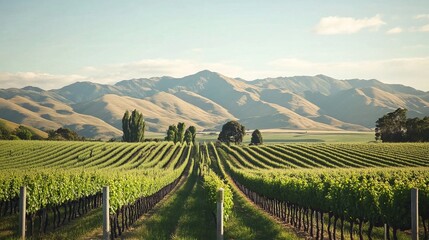 Fototapeta premium Scenic landscape of marlborough wine region vineyards in new zealand’s renowned wine country, featuring rolling hills, neatly aligned vines, and clear blue sky on a sunny day for a picturesque farming