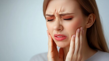 Fototapeta premium Woman Experiencing Pain, Holding Cheek with Hand