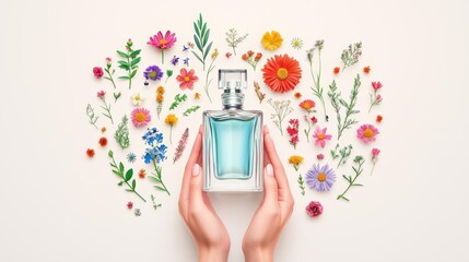 A stylish perfume bottle surrounded by vibrant flowers, ideal for beauty or fragrance marketing.