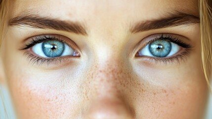 Obraz premium Close-up of a woman's face with blue eyes and freckles