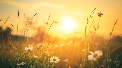 A serene summer meadow at sunset, with tall grasses swaying in the breeze, wildflowers dotting the landscape, and the golden light of the setting sun