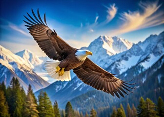 Obraz premium Majestic Bald Eagle in Flight Over Serene Landscape - Wildlife Photography