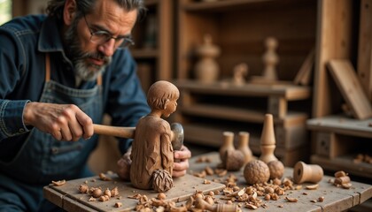 A skilled craftsman creates a wooden figurine, a concentrated facial expression, a creative workshop, warm indoor lighting
