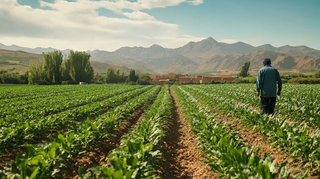 Self-sufficient labor-intensive farming practices in rural morocco, showcasing traditional agricultural techniques and vibrant crops under the warm sunlight