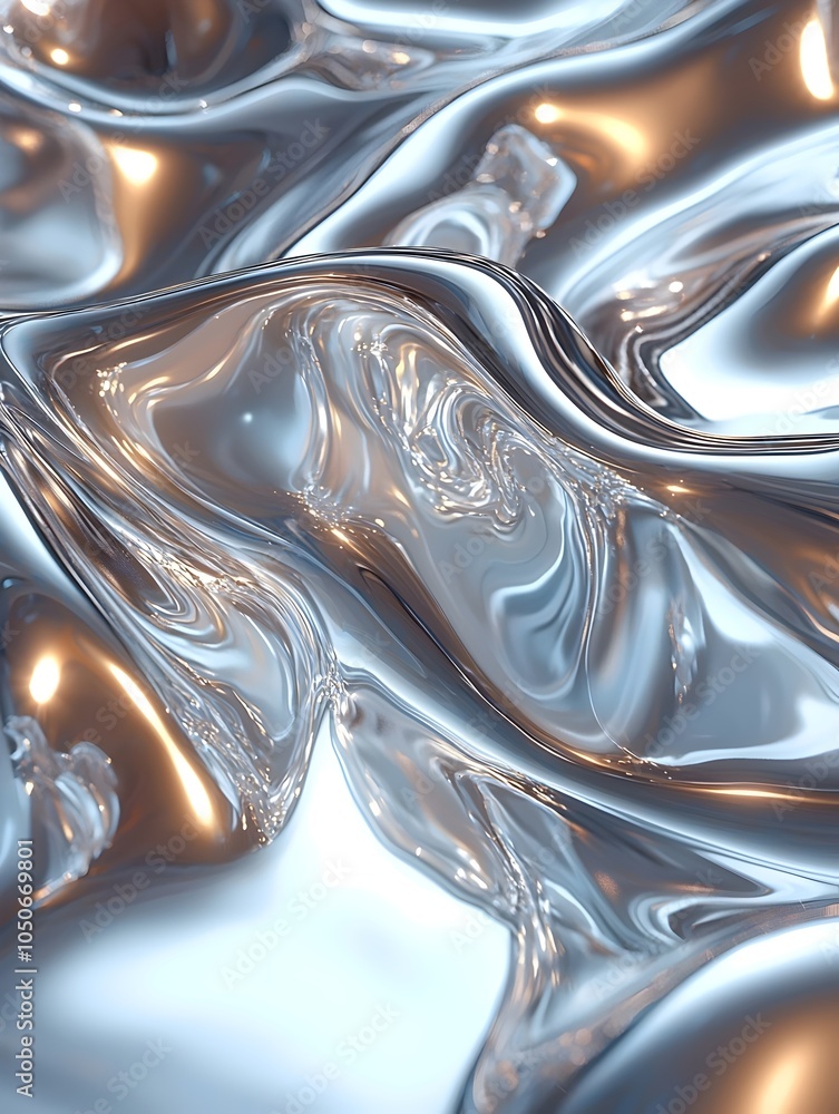 Poster an abstract close-up of shimmering metallic waves, displaying a beautiful mix of light and reflectio