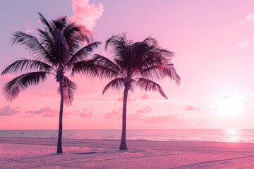 Beautiful sunset with couple of palm trees silhouettes on the beach. Summer vacation concept. 