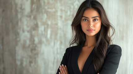 Fototapeta premium A poised and confident Indian businesswoman in formal attire, radiating success and leadership in a professional portrait. Her self-assured expression reflects strength and ambition.