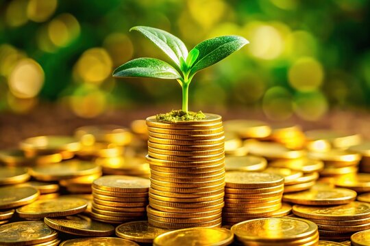 "Financial Growth: Green Seeds Sprouting from Gold Coins"