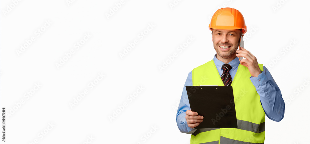 Poster repairman talking on cellphone holding folder smiling to camera posing over white studio background.