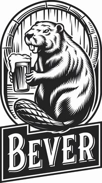 logo for 'Bever' Bar featuring a detailed beaver with a craft beer in hand Generative AI
