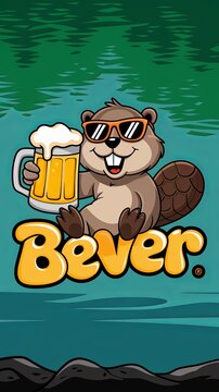 logo for 'Bever' Bar featuring a detailed beaver with a craft beer in hand Generative AI