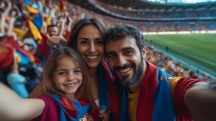 Naklejka premium Happy family of three taking a selfie at a lively stadium during a sports event, celebrating and smiling with excitement. The background shows a filled stadium