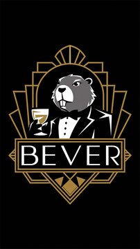 logo for 'Bever' Bar featuring a detailed beaver with a craft beer in hand Generative AI
