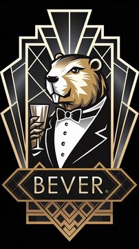 logo for 'Bever' Bar featuring a detailed beaver with a craft beer in hand Generative AI
