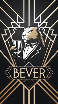 logo for 'Bever' Bar featuring a detailed beaver with a craft beer in hand Generative AI