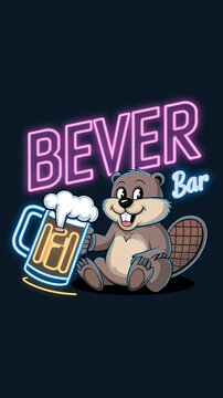 logo for 'Bever' Bar featuring a detailed beaver with a craft beer in hand Generative AI