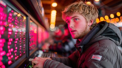 Fototapeta premium Young Man Engaged with Technology in Vibrant Environment