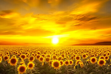 Fototapeta premium A vibrant sunset over a field of sunflowers
