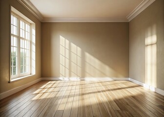 Obraz premium Minimalistic Beige Room with Wood Floor and Intricate Shadows from Window for Home Interior Photography