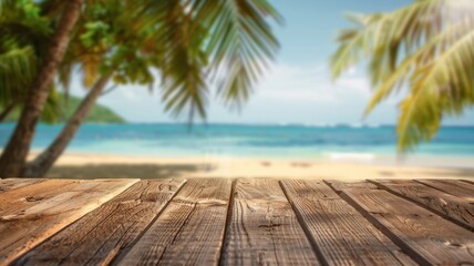 Empty wooden table with blurred tropical beach background for product display concept. 