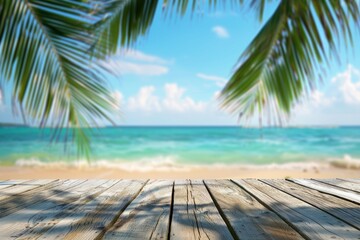 Wooden table on the beach for product  photography. Blue sea and sky with palm leaves. 