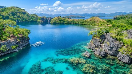 Obraz premium A serene tropical lagoon with crystal-clear turquoise waters, colorful coral reefs visible below, and a small island with lush vegetation