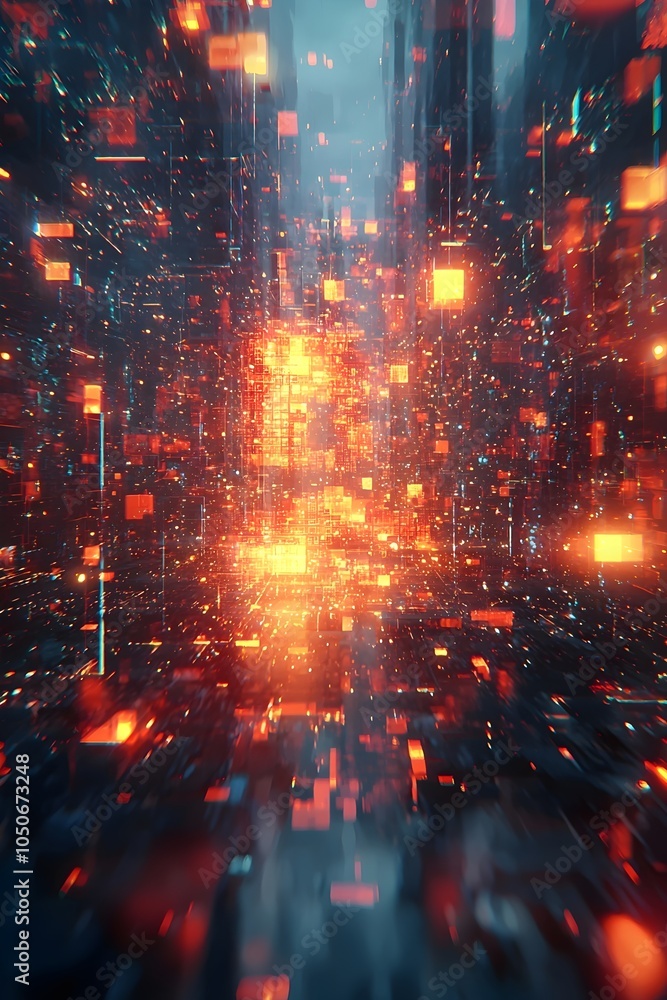 Poster an abstract, futuristic digital landscape filled with luminous orange and blue particles. the glowin