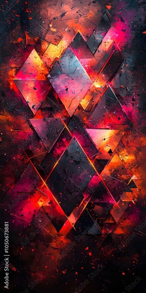 Poster an abstract background featuring vibrant geometric shapes in shades of red, orange, and purple, crea