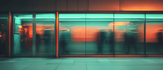 Blurred silhouettes at a vibrant subway station