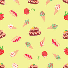 Fruit and vanilla ice cream will give you double pleasure, dessert, confectioner, sugar, vector, illustration, isolated, background, art, food, jam, waffle cone
