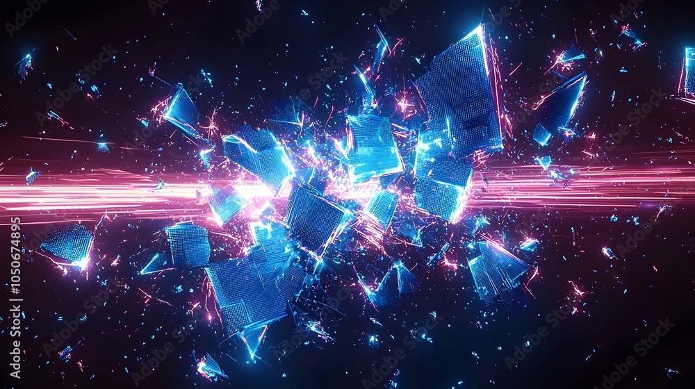 Poster a stunning digital artwork showcasing an explosion of glowing blue and pink fragments in a dark spac