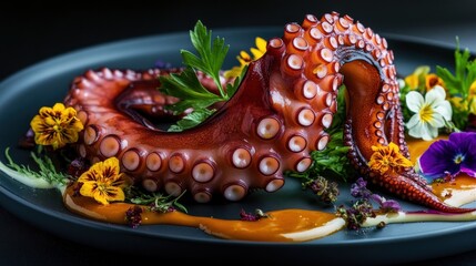 Fototapeta premium Octopus Tentacle Dish with Flowers