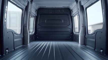Empty cargo van interior with ribbed floor and partition wall. Commercial vehicle catalog content