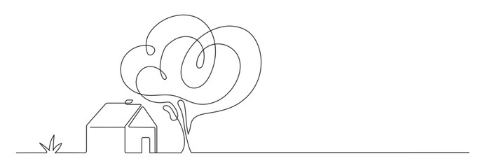 House and garden line art. Building, real estate architecture, apartment. Facade home in country exterior. Vector illustration