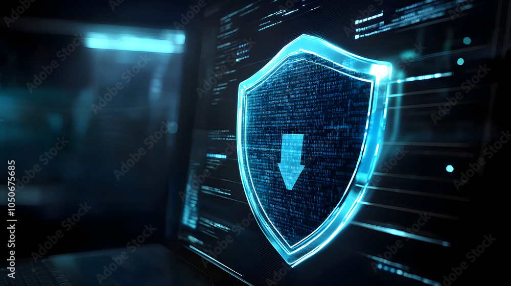 Poster digital shield icon representing cybersecurity protection on computer screen.