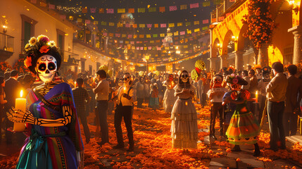 A vivid scene of a Día de los Muertos procession in a traditional Mexican town square.
