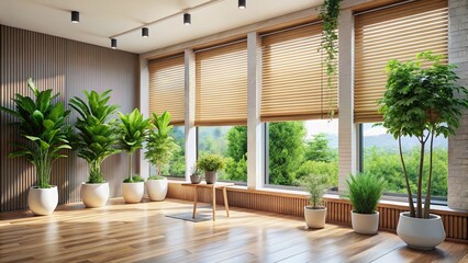 Obraz premium Modern Interior with Roller Blinds and Green Plants in Minimalist Design