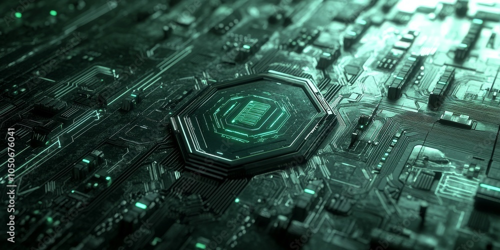 Aufkleber a futuristic image of a circuit board with shield symbols, representing the idea of protecting data 