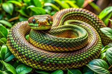 A green snake is curled up in a leafy green bush