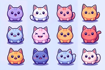 Obraz premium A playful collection of twelve cartoon kittens, each with unique colors and expressions, creating an adorable and cheerful atmosphere. Perfect for cat lovers and playful designs.